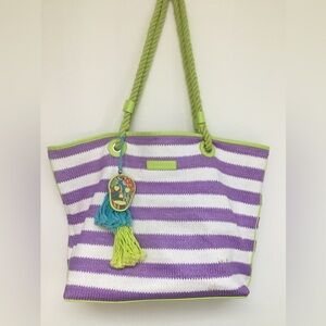 Vera Bradley Striped Large Tote Beach Bag Purple Lime Green Paisley in paradise